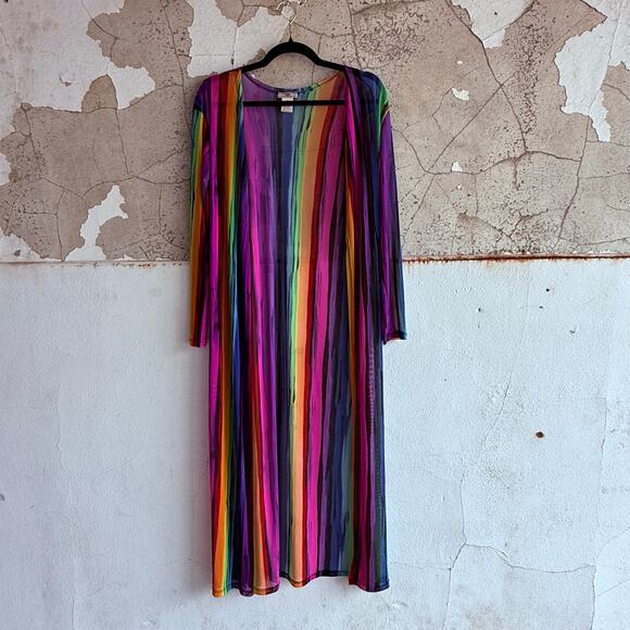Rainbow Maxi Duster Sheer Mesh Swimsuit Cover Up Long Cardigan Womens L Festival - Picture 1 of 6